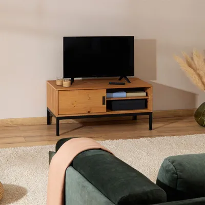 Produktbild von Lowboard TV Möbel SELMA, Fernsehtisch Fernsehschrank im industrial Design mit 1 Schiebetür 1 offenes Fach, Kiefer massiv, gebeizt gewachst