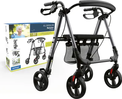 Produktbild von Weinberger Rollator leicht & einstellbar, 6,2 KG, Sitz mit Rückenlehne, Netz & Stockhalter, klappbar, 4-fach höhenverstellbar, 136 KG, Gehhilfe