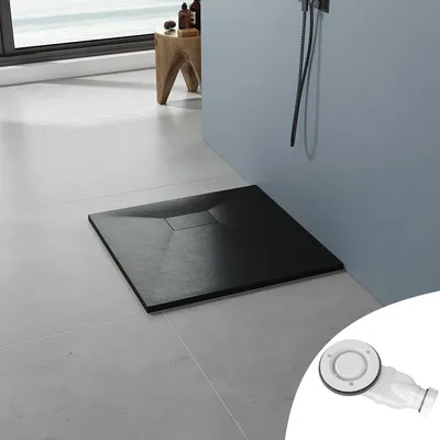 Produktbild von AQUABATOS SMC Duschwannen für badezimmer antirutsch, schieferoptik duschtasse quadrat, modern-design brausewanne schwarz extra-flach 80x80cm mit Abdeckung Siphon/Ablaufgarnitur