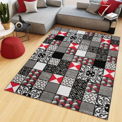 Obrázek produktu pro Koberec Tapiso MAYA, moderní design, krémová, šedá, červená, vhodný do ložnice, rozměry 130 x 190 cm