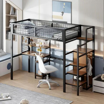 Immagine prodotto di Letto a soppalco 90x200 con scaletta, scrivania per computer, scaffale e armadio, colore nero