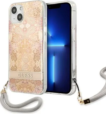 Produktbild von Guess Flower Cord - Tasche mit Schlsselband iPhone 13 mini (Gold)