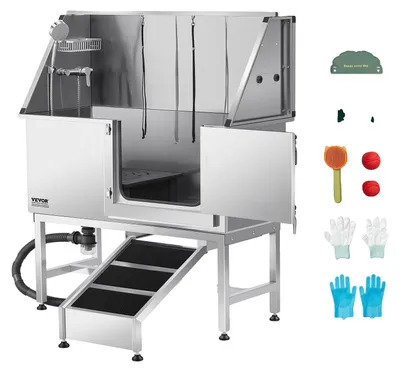 Obrázok produktu pre Umývacia stanica pre psov VEVOR z nehrdzavejúcej ocele, 1270x580x1495 mm, vaňa na starostlivosť o zvieratá s rampou, PE filtračnou doskou, vodovodným kohútikom, sprchovou hlavicou a držiakom mydla, pre veľké, stredné a malé domáce zvieratá (pravé dvere)