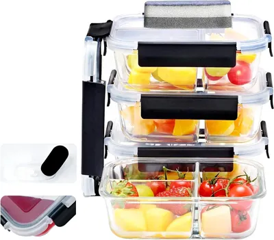 Obrázek produktu pro Skleněné dózy – úložné nádoby – příprava jídel – tři přihrádky – 4 kusy po 1040 ml – průhledné