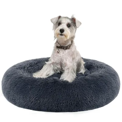 Produktbild von Feandrea Hundebett flauschig, Katzenbett, Donut Kissen, waschbar, Polsterung in der Mitte herausnehmbar, langer Plüsch, 70 cm Durchmesser, dunkelgrau