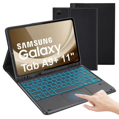Produktbild von Tastaturhülle mit für Galaxy 11 A9 2023 2025 Kabellose Bluetooth Tastatur Hülle Schutzhülle-Deutsches Tab A9 Plus A11 Plus Schwarz Beleuchtet + Touchpad