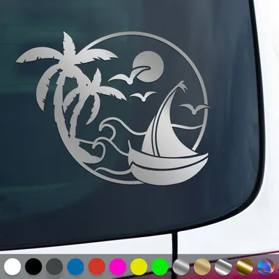 Produktbild von PantherPixel Sonne Strand Aufkleber Palmen Urlaub Reisen Segelboot Sticker Auto Geschenkidee Farbe Silber