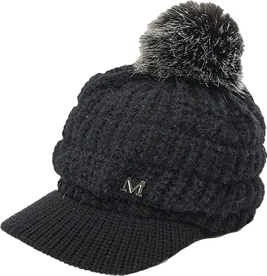Produktbild von Damen Warme Gefütterte Wintermützegestrickte Schirmmütze Baseballmütze mit Kunstpelz pom Winter Skimütze