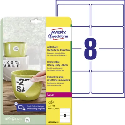 Produktbild von Avery Zweckform L4715REV-20 Wetterfeste Etiketten, ablösbar, 99,1 x 67,7 mm, 20 Bogen/160 Etiketten, weiß