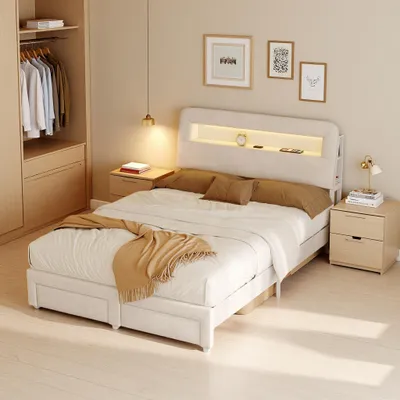 Image de ProximaX 160x200 cm velours Lit rembourré en beige avec mémoire de la tête de lit, prise de charge USB, éclairage LED et deux tiroirs au pied du lit