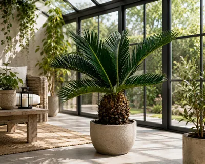 Obrázek produktu pro Palmfarn (Cycas revoluta), výška cca 50 cm – Japonský palmfarn s hlízkou o průměru 10–15 cm | Exotická pokojová rostlina vhodná i do květináče, Obrázek vytvořený pomocí AI