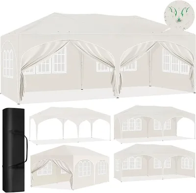 Produktbild von Pavillon 3x6 m faltbar, Pop-Up Faltpavillon wasserfest Winterfest, Grillpavillon stabil, Gartenpavillon mit Seitenwänden Fenstern Tasche, für Camping Strand Garten, Beige