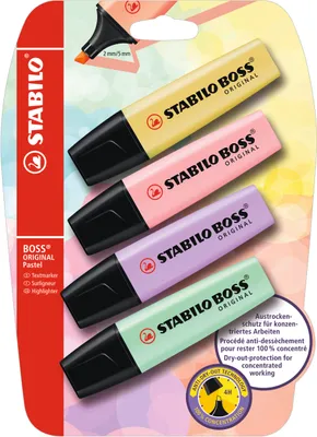 Produktbild von Textmarker - STABILO BOSS ORIGINAL Pastel - 4er Pack - pudriges Gelb, rosiges Rouge, Schimmer von Lila, Hauch von Minzgrün