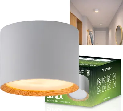 Produktbild von LUMILED Aufbauspot GX53 Fassung Weiß Holz Akzent Feste Deckenspots Aufputz Deckenstrahler Aufbaustrahler Modern Spot Deckenleuchte Rund Aluminium für Flur Wohnzimmer Küche Schlafzimmer H: 6 cm