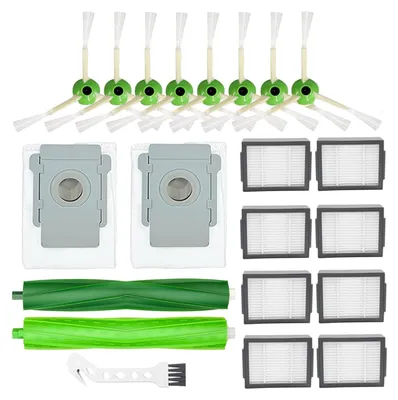 A collection of cleaning accessories for a robot vacuum cleaner, including brushes, dust bags, and filters, laid out on a white background.