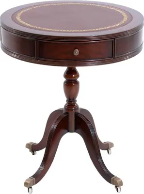Produktbild von Casa Padrino Luxus Barock Beistelltisch Dunkelbraun / Messingfarben / Braun / Gold Ø 51 x H. 59 cm - Runder Mahagoni Tisch mit Schubladen und edlem Echtleder - Barock Mahagoni Möbel