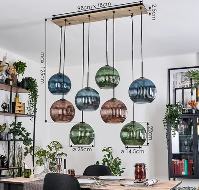 Produktbild von Cesaro Hängelampe Metall/Holz/Riffelglas, Schwarz/Natur/Blau/Grün/Kupfer