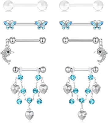 Productafbeelding van 4 Paar Tepelpiercings - Chirurgisch Stalen Barbell-Piercings en Tongstaafjes 14G
