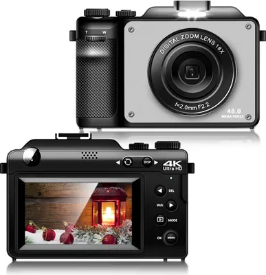Obrázok produktu pre Fine Life Pro X9 Digitálny fotoaparát 4K, 48MP Duálny Fotoaparáty, zabudovaných 7 farebných filtrov, 18x digitálny zoom, 64GB TF karta, WiFi, Sivý