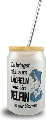 Produktbild von Delfin Liebe Trinkglas mit Bambusdeckel