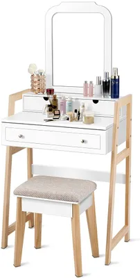 Produktbild von Schminktisch mit Hocker, 2 stufiger Frisiertisch mit 3 Schubladen, Frisierkommode mit Höhenverstellbarem Spiegel, Moderner Kosmetiktisch mit Massivholzbeinen, Weiß