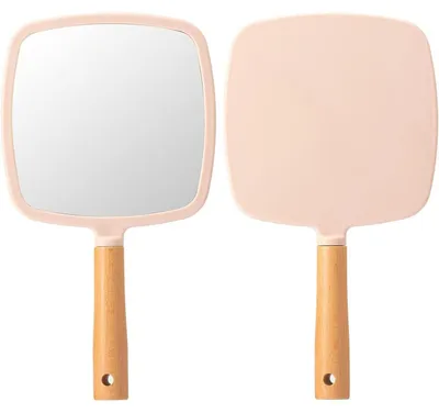 Image de Miroir de poche avec manche, pour maquillage, en bois, de forme carrée, rose, 1 pièce, 24,9 x 14 cm