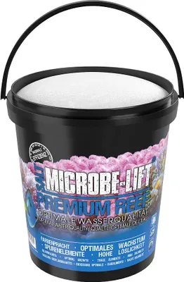 A black bucket of Microbe-Lift Premium Reef salt.
