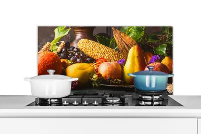 Produktbild von KitchenYeah®  Spritzschutz Küche - Küchenrückwand - Wandschutz für Herd und Spüle - Gemüse - Obst - Rustikal - Tisch 90x45 - Alu-Dibond (Alternative zum Spritzschutz aus Glas) - Hitzebeständig - Herds
