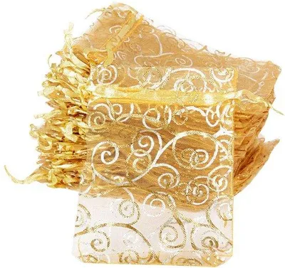 Obrázok produktu pre Organzové vrecúška, 8 x 11 cm, so zlatým vzorom, balenie po 100 ks, na svadbu, Vianoce, krstiny, malé vrecúška na šperky