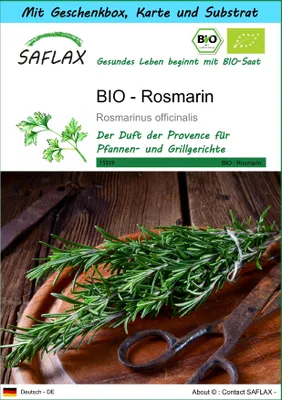 Produktbild von SAFLAX - Geschenk Set - BIO - Rosmarin - 40 Samen - Mit Geschenk- / Versandbox, Versandaufkleber, Geschenkkarte und Anzuchtsubstrat - Rosmarinus officinalis