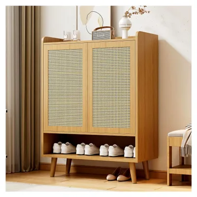 Produktbild von Rattan-Sideboard mit 2 Rattantüren und 1 offenem Fach, Holzschrank zur Aufbewahrung, Schuhschrank mit Holzgriffen und Beinen für Flur und Wohnzimmer, 80×35×105cm