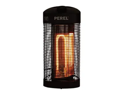 A black electric heater with a glowing orange heating element, shown against a white background.