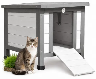 Produktbild von Outdoor Katzenhaus aus Holz wetterfest mit klappbarem Dach & Rampe
