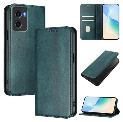 Collage of a green leather flip phone case for a Motorola phone, showing different angles and views of the product.