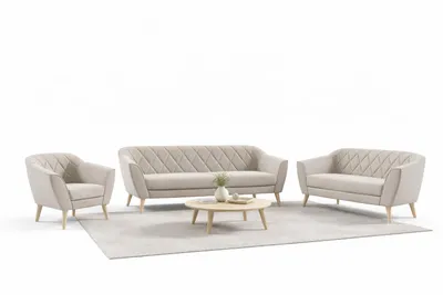 A living room furniture set displayed on a rug.