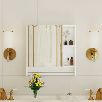Produktbild von Badezimmerschrank 56x13x55 cm, Spiegel, Ablagefläche, Weiß, MDF, Bad-Spiegelschrank