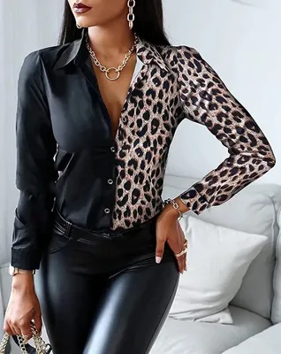 Produktbild von ASKSA Damen Bluse V-Ausschnitt Drucken Patchwork Hemd Elegant Button Tunika Langarm, Schwarze Print, M