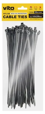 Productafbeelding van VITO Kabelbinder 4.6x200mm - Zwart - Met UV-bescherming - 100 stuks - duurzame Kabelklem - Voor buitengebruik en langdurige bevestiging