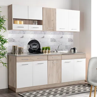 Produktbild von Homestyle4u Küche Küchenblock 200 cm Weiß Küchenzeile ohne Geräte Einbauküche Singleküche