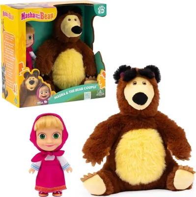 A product shot of Masha and the Bear toys, including a doll and a plush bear, along with their packaging.