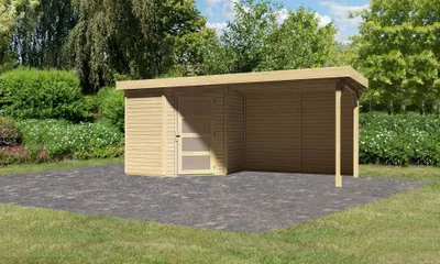 Produktbild von Karibu Gartenhaus Gerätehaus Schwandorf 3 im Set mit Anbaudach 2,80 m Breite und 19 mm  Rückwand naturbelassen 468x217x218 cm
