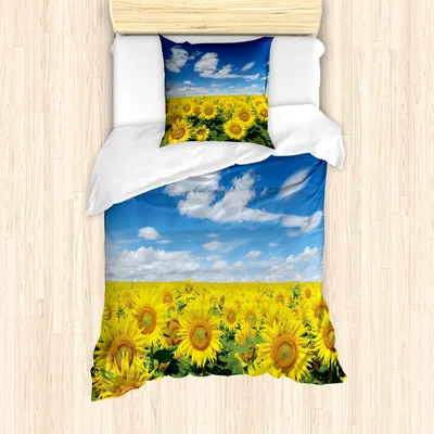 Produktbild von ABAKUHAUS Sonnenblume Mantele, Frische Feld Land, Milbensicher Allergiker geeignet mit Kissenbezügen, 135 cm x 200 cm - 80 x 80 cm, Blau, Grün, Gelb