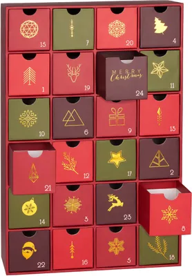 Image de Calendrier de l'Avent BRUBAKER à remplir - Noël traditionnel rouge-vert or - Calendrier de Noël DIY avec 24 portes - 39 cm