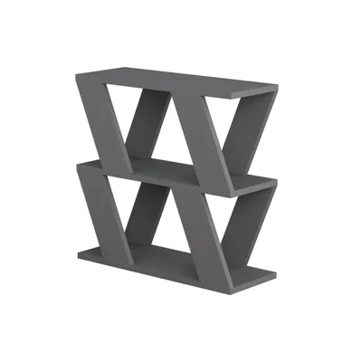 A gray, modern, two-tiered shelf unit with a zigzag design, shown against a white background.