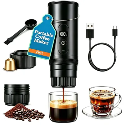 Tragbare Kaffeemaschine 20 Bar, 2-in-1, USB, schwarz