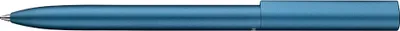 A close-up, side view of a blue pen.