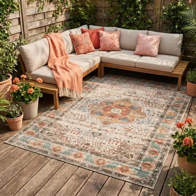 Image de Volero - Tapis rond en jute d'extérieur - Kairo Medaillon Crème/Multicolore - 230x330 cm