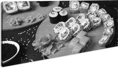 Productafbeelding van Famanu canvasprint, sushi-serveerplank, 100x50 cm – zwart-wit motief op houten frame