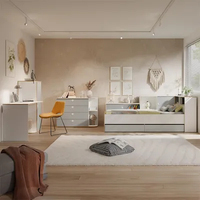 Produktbild von Jugendzimmer Bett 90x200 cm Liegefläche in Grau mit Weiß, inkl. Schreibtisch & Kommode, 3-teilig - POZZALLO-166, KI-generiertes Bild