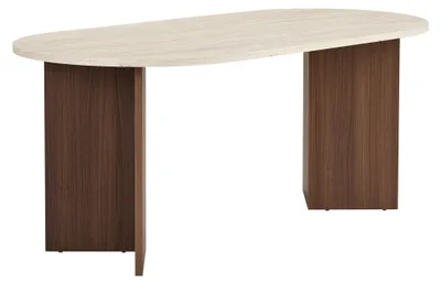 Produktbild von Skye Decor, Moderner Esstisch, Travertin & Walnuss, 180 x 90 x 75 cm | 100% melaminbeschichtete Spanplatte, 25 mm dick | Tragfähigkeit: 70 kg | Elegantes Design für Ihr Zuhause.